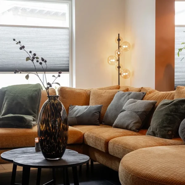 art_deco_vloerlamp_zwart__4.webp Best Straluma Art Deco vloerlamp zwart met amber glazen bollen