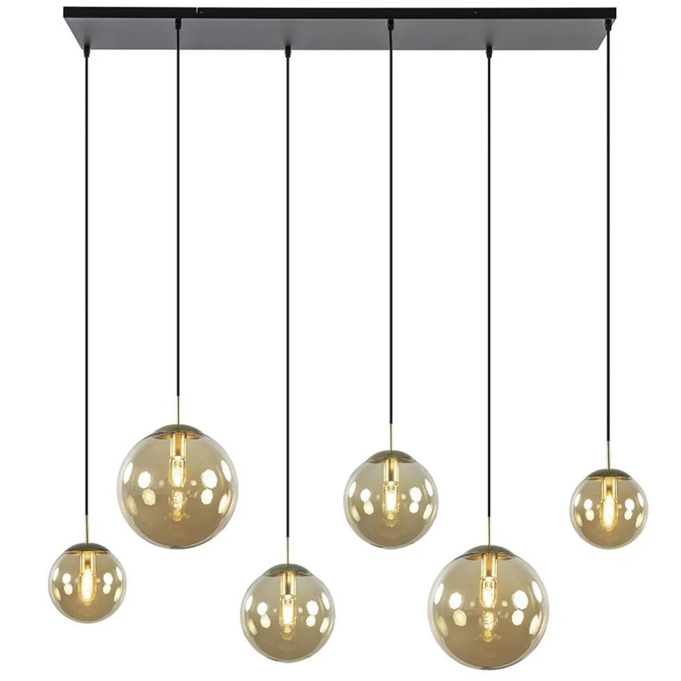 grote_lichts_eettafelhang_0.webp Clearance Straluma Grote 6-lichts eettafelhanglamp messing met amber glazen bollen