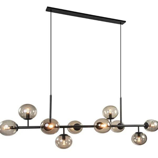 grote_lichts_hanglamp_mat_1.webp Fashion Straluma Grote 10-lichts hanglamp mat zwart met smoke glazen bollen