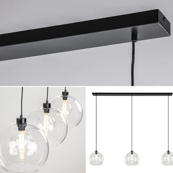 Flash Sale Straluma Grote 3-lichts hanglamp met helder glas en zwarte balk