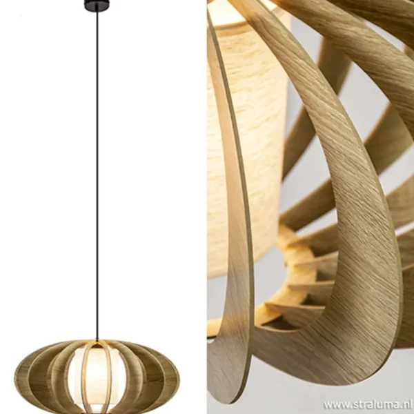 Outlet Straluma Hanglamp 64cm houten lamellen+linnen kap