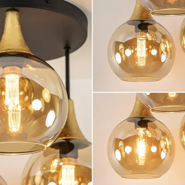 Outlet Straluma Klassieke plafondlamp zwart/goud met amber glas