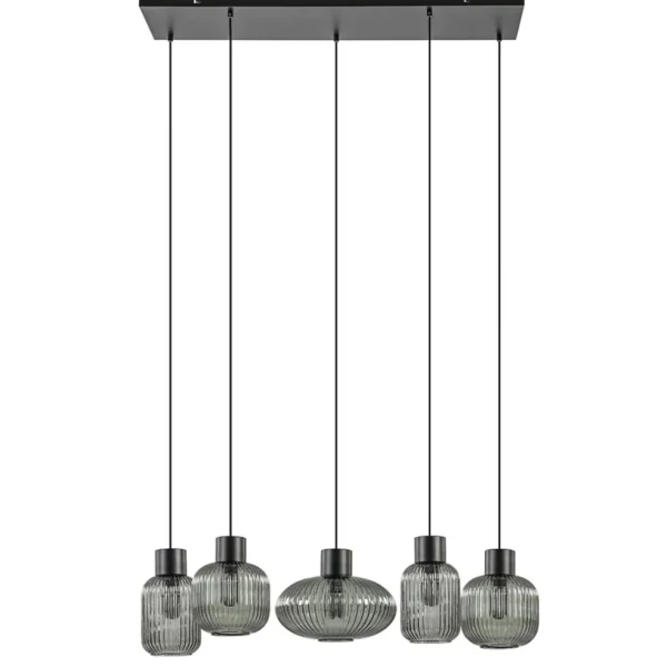 New Straluma 5-Lichts eettafelhanglamp geribbeld smoke glas met zwart
