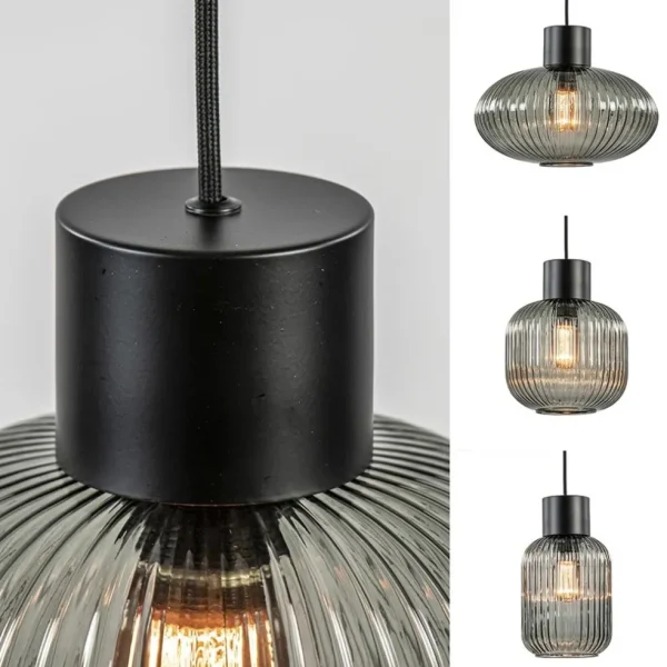 New Straluma 5-Lichts eettafelhanglamp geribbeld smoke glas met zwart
