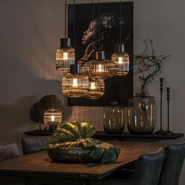 New Straluma 5-Lichts eettafelhanglamp geribbeld smoke glas met zwart