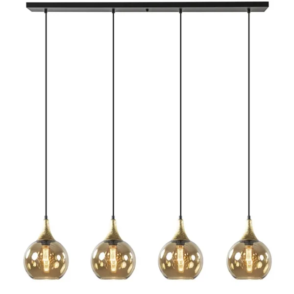 Hot Straluma 4-Lichts eettafelhanglamp zwart/goud met amber glazen bollen