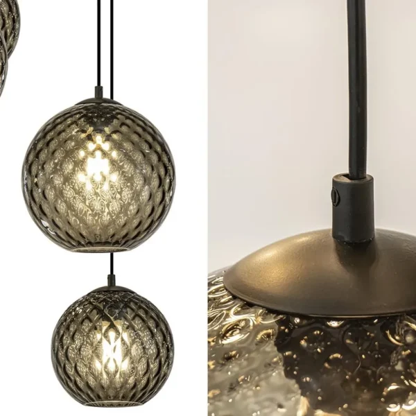 lichts_eettafelhanglamp_z_2-6.webp New Straluma 8-Lichts eettafelhanglamp zwart met smoke glazen kappen reliëf