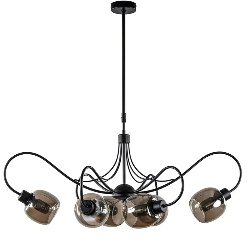 lichts_hanglamp_mat_zwart_0.webp Sale Straluma 6-Lichts hanglamp mat zwart met smoke glazen kappen