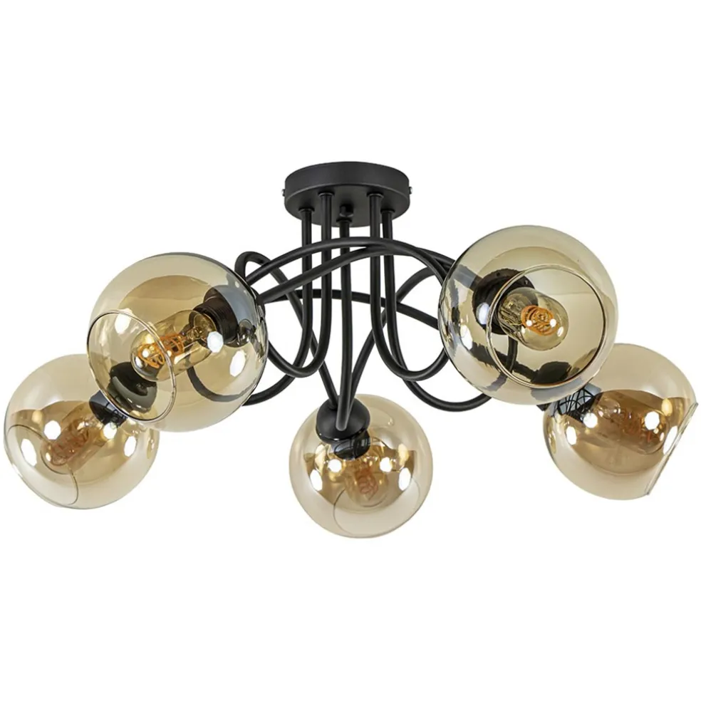 lichts_klassieke_plafondl_0.webp Sale Straluma 5-Lichts klassieke plafondlamp zwart met amber glazen bollen