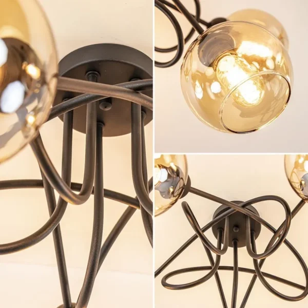 lichts_klassieke_plafondl_2.webp Sale Straluma 5-Lichts klassieke plafondlamp zwart met amber glazen bollen