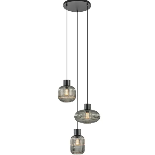 lichts_ronde_eettafelhang_1.webp Outlet Straluma 3-Lichts ronde eettafelhanglamp zwart met smoke glas