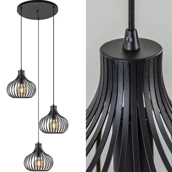 Hot Straluma 3-Lichts ronde hanglamp met zwarte draadkappen