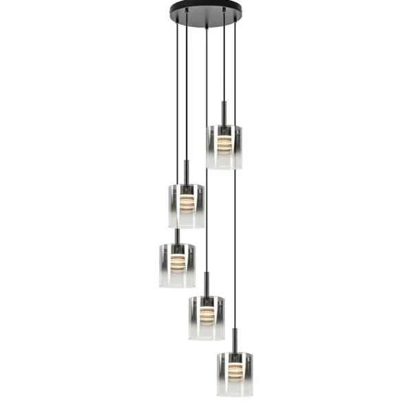 lichts_ronde_hanglamp_zwa_1.webp Flash Sale Straluma 5-Lichts ronde hanglamp zwart met titanium/helder glas