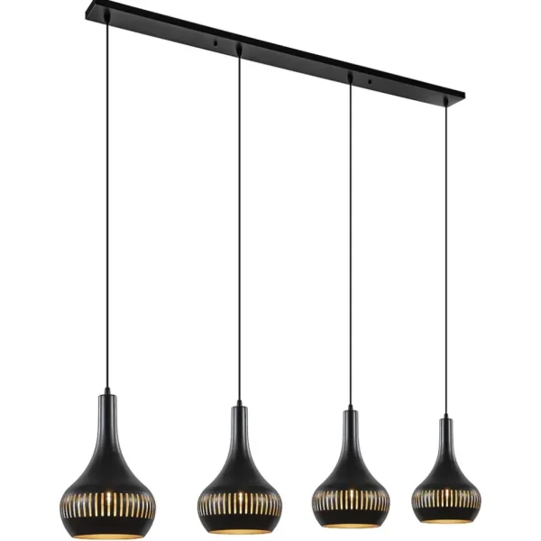 mat_zwarte_eettafelhangla_1.webp Discount Straluma Mat zwarte eettafelhanglamp zwart met goud 4-lichts