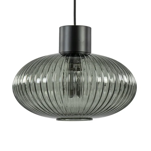 Sale Straluma Mat zwarte hanglamp met geribbeld smoke glas ovaal