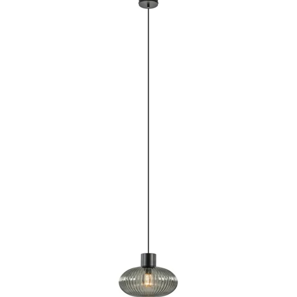 Sale Straluma Mat zwarte hanglamp met geribbeld smoke glas ovaal