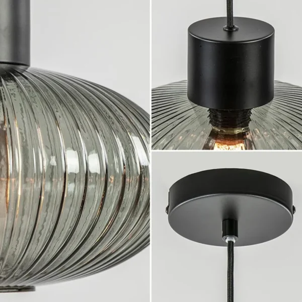 Sale Straluma Mat zwarte hanglamp met geribbeld smoke glas ovaal