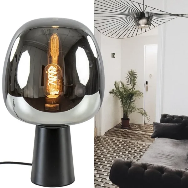 Sale Straluma Mat zwarte tafellamp Mayson met smoke glazen kap