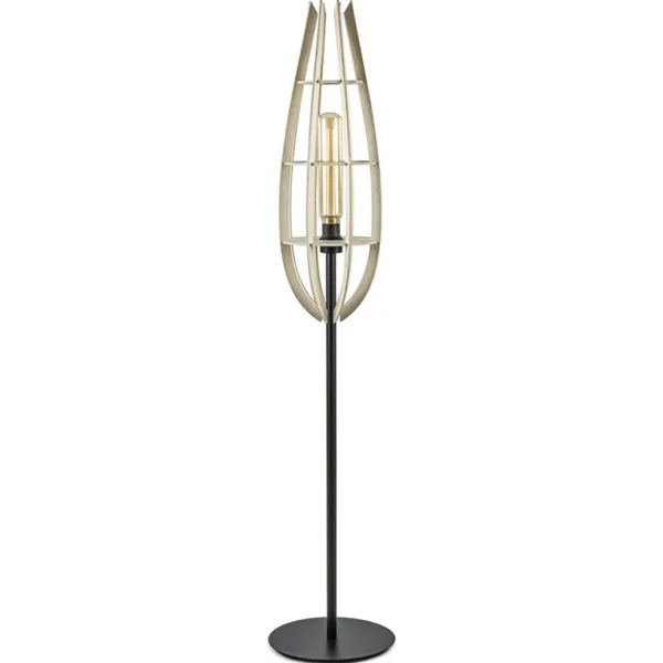 Clearance Straluma Mat zwarte vloerlamp met houten kap naturel