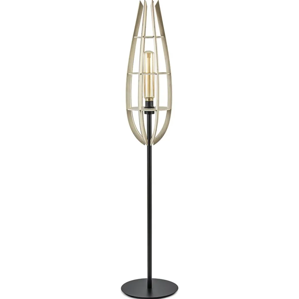 Clearance Straluma Mat zwarte vloerlamp met houten kap naturel