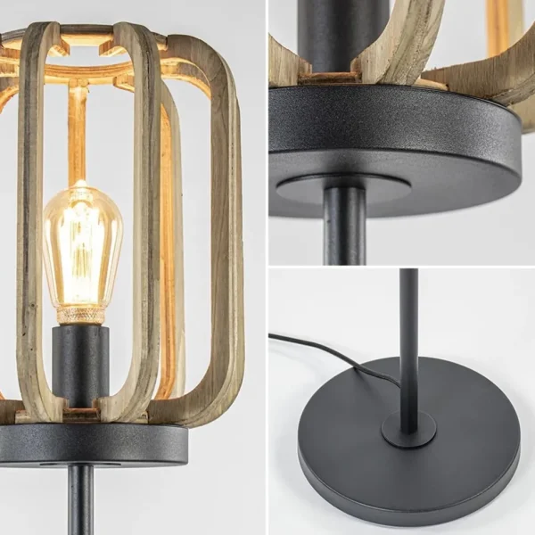 Outlet Straluma Mat zwarte vloerlamp met ruwe houten kap