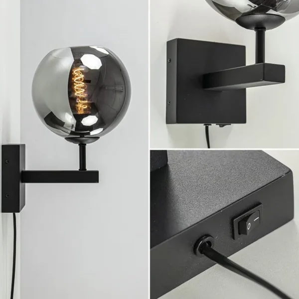 mat_zwarte_wandlamp_met_s_2.webp Best Sale Straluma Mat zwarte wandlamp met smoke glazen bol 20 cm