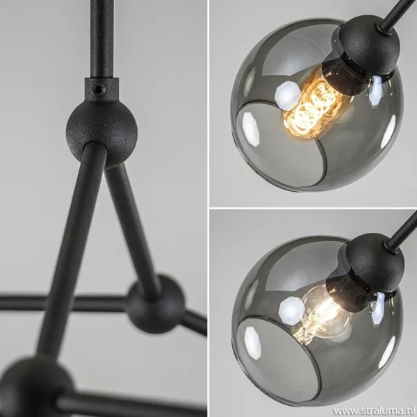 Hot Straluma Plafondlamp 4-armen zwart+smoke bolglas