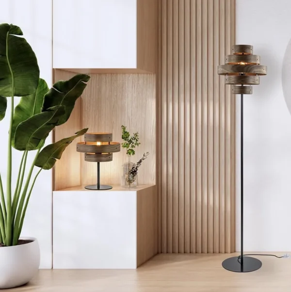 Online Straluma Retro vloerlamp zwart met walnoot houten kap