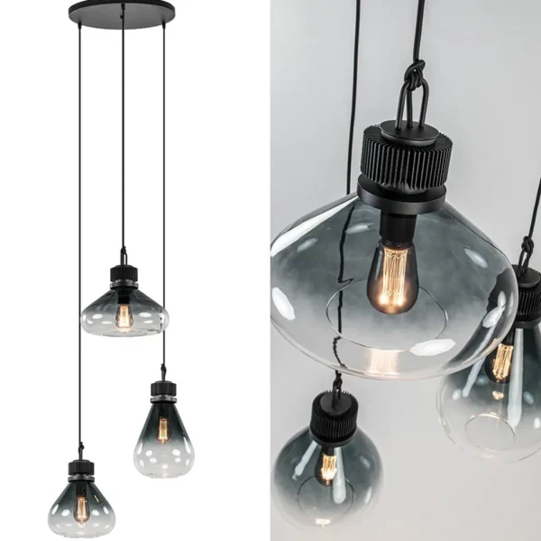 ronde_lichts_hanglamp_zwa_1-5.webp Discount Straluma Ronde 3-lichts hanglamp zwart met smoke/helder glas