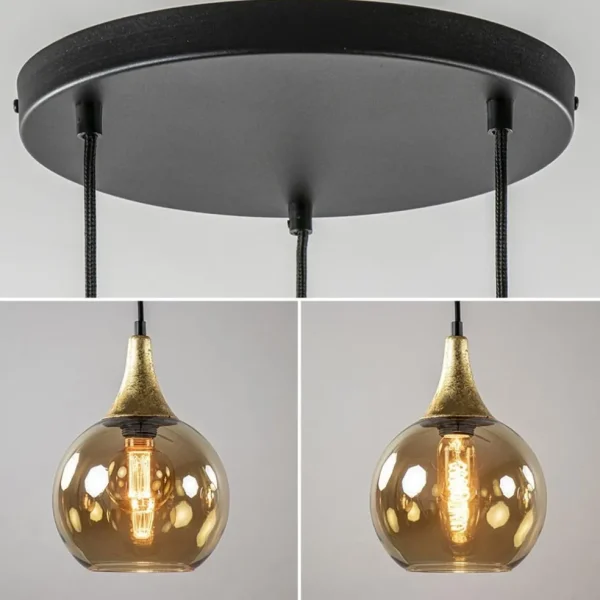 Store Straluma Ronde 3-lichts hanglamp zwart met goud en amber glas
