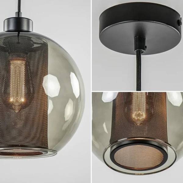 Store Straluma Smoke glazen hanglamp bol met zwarte gaas cilinder