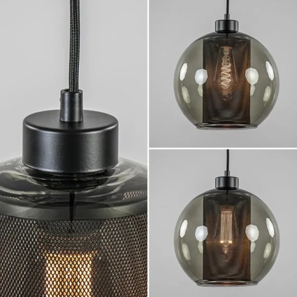 Store Straluma Smoke glazen hanglamp bol met zwarte gaas cilinder