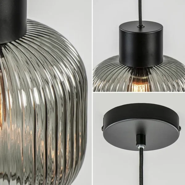 Online Straluma Stijlvolle hanglamp smoke glas geribbeld met zwart