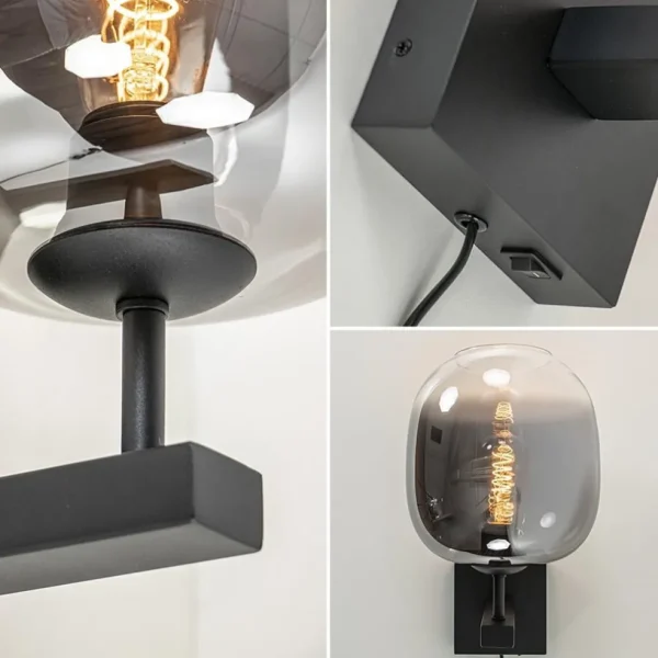 Online Straluma Trendy wandlamp zwart met smoke glazen kap en snoer