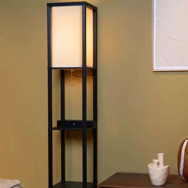 Cheap Straluma Vierkante vloerlamp zwart met beige kap en oplaadplatform